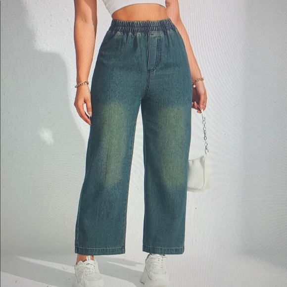 Denim - High-Waist Wide Leg Jeans in Washed Green